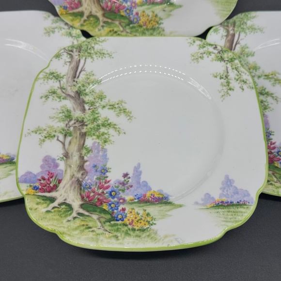 Royal Albert Greenwood Tree 6" Square Dessert Plates(4) Green Trim - Picture 3 of 5